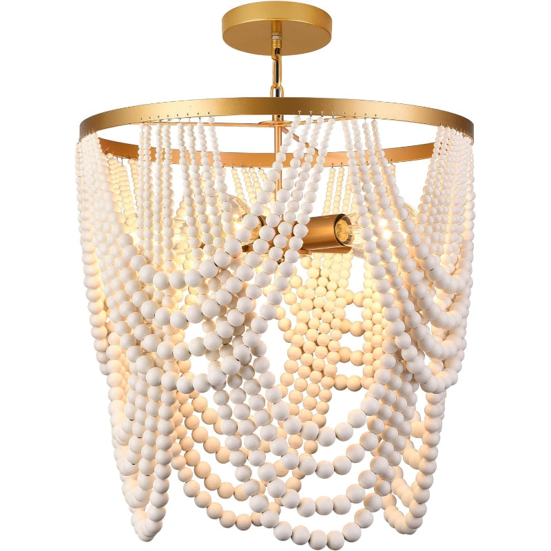 5-Light Gold Oak Wood Beaded Chandelier
