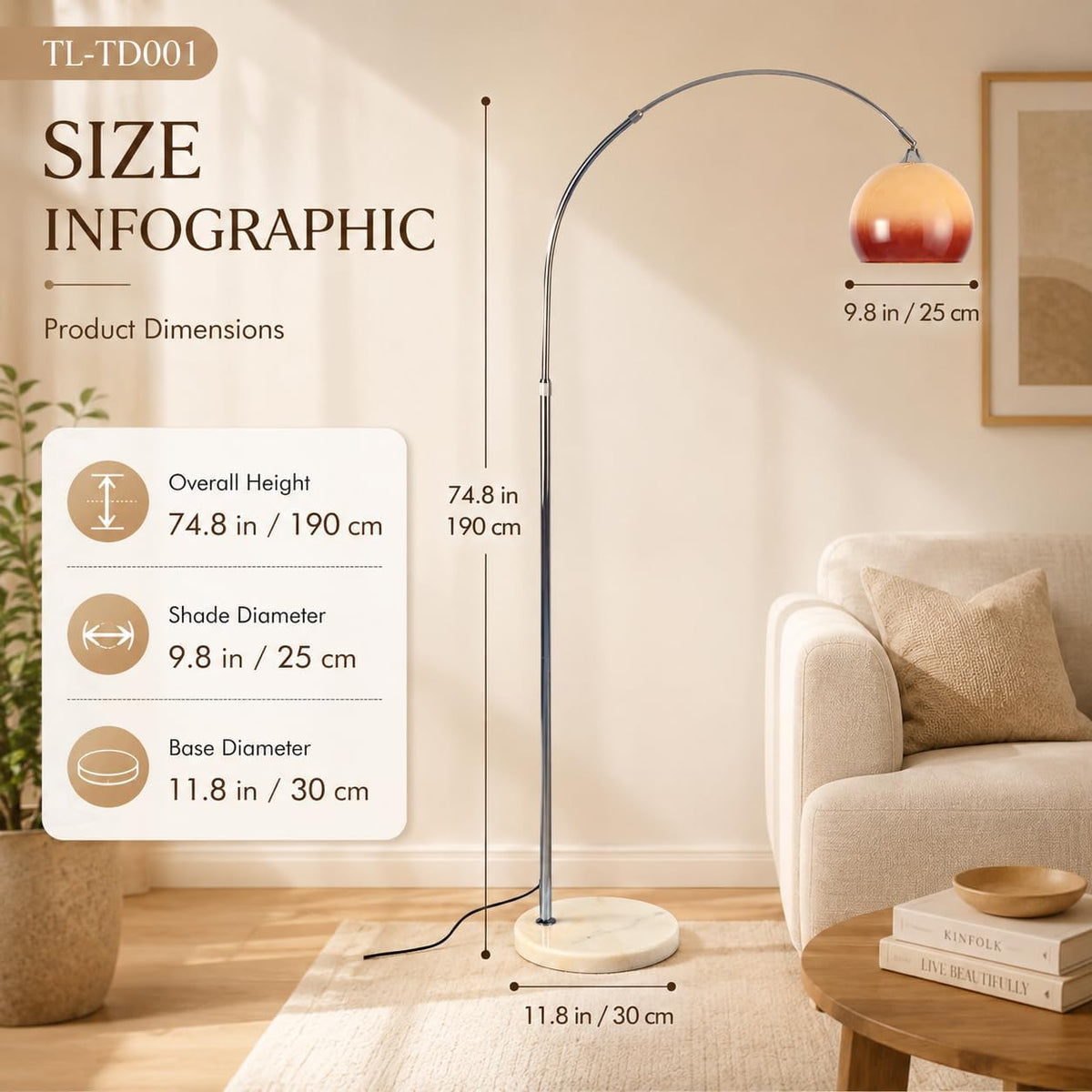 Orange Glass Shade Arc Floor Lamp