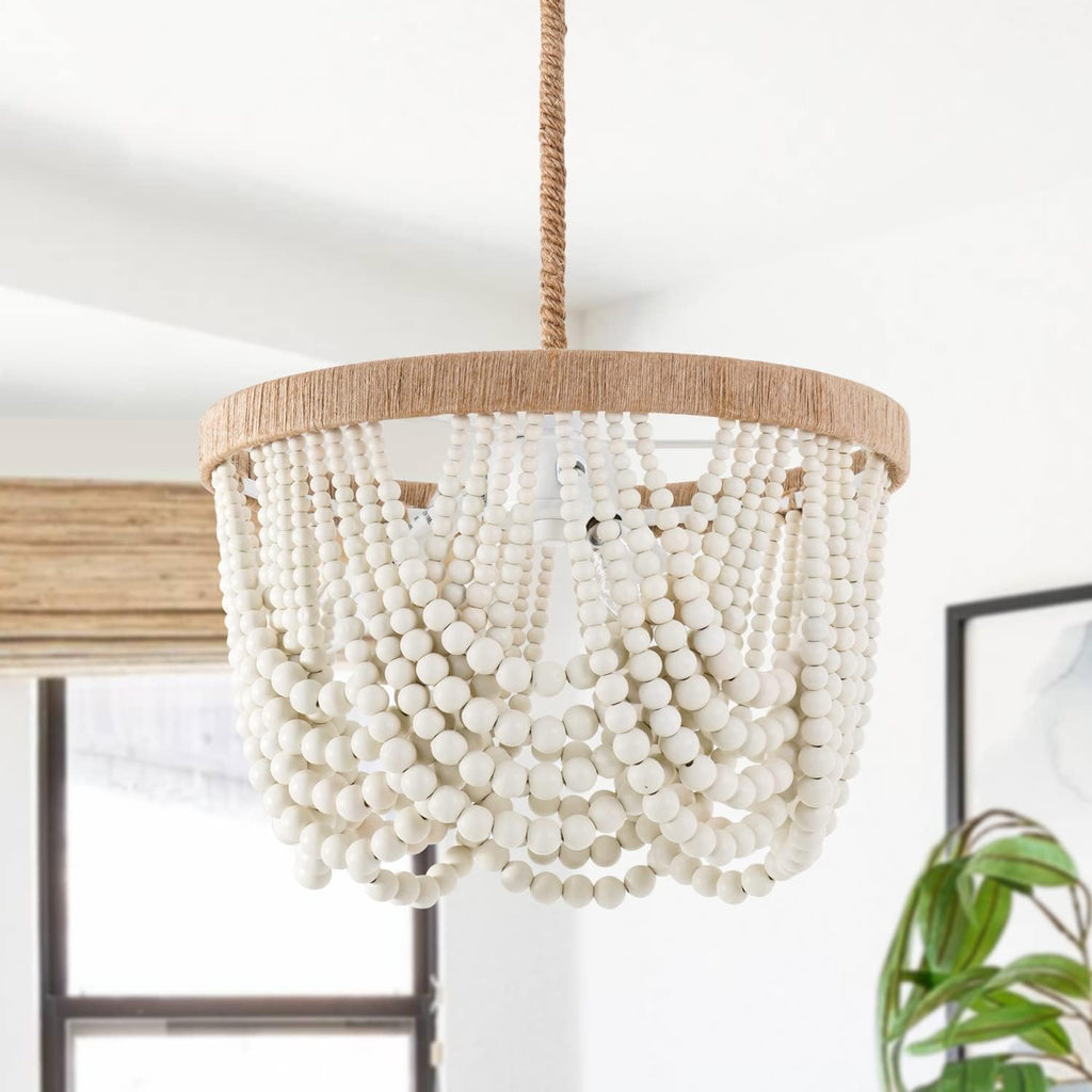3-Light White Wood Beaded Chandelier