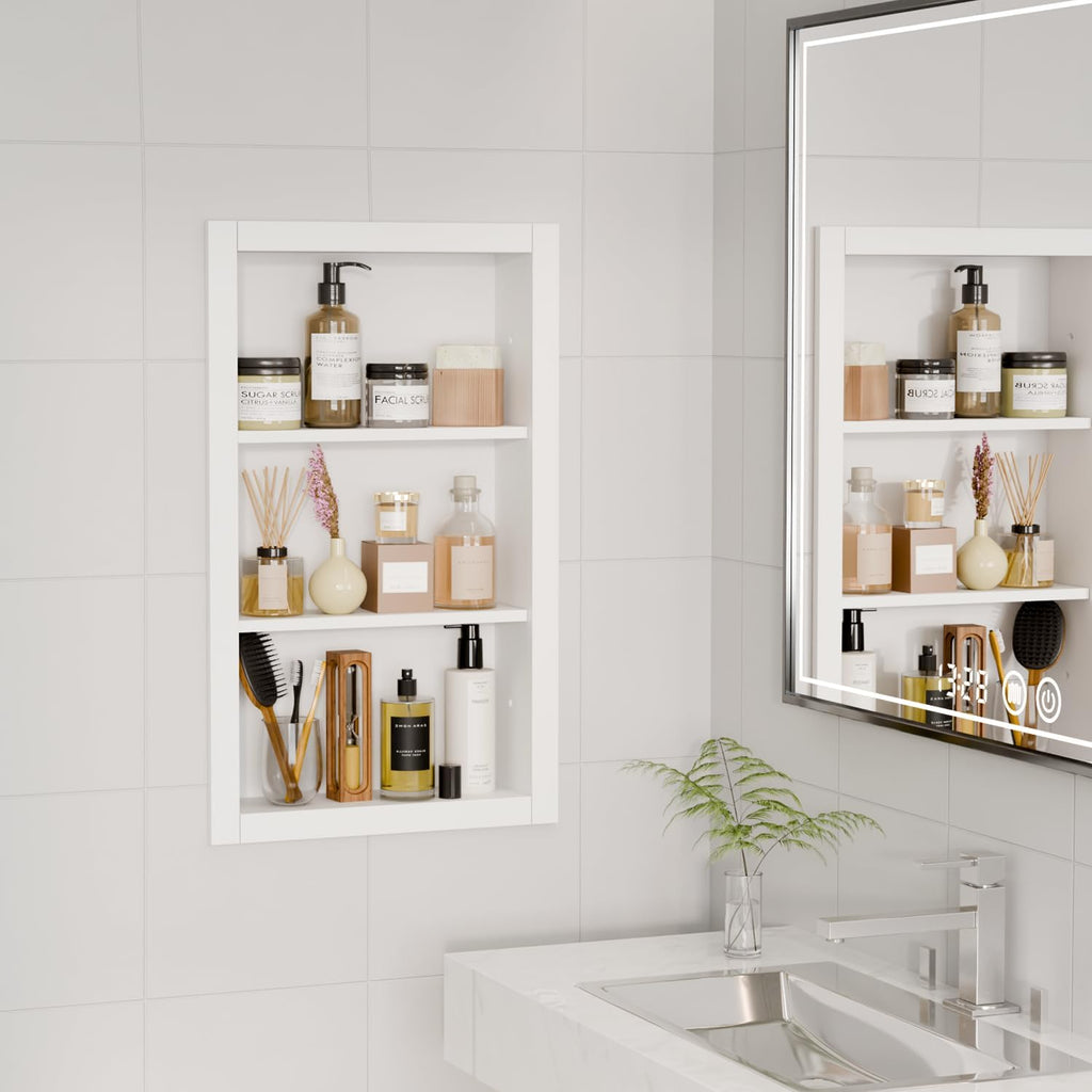 Recessed Bathroom Niche Wood 3-Tier White