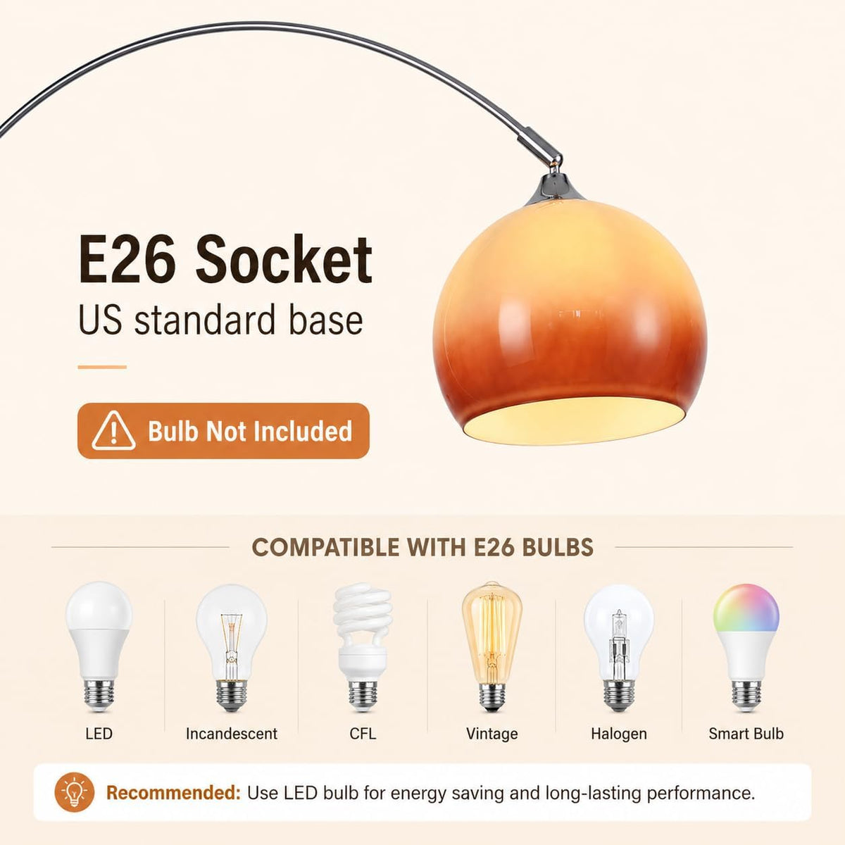 Orange Glass Shade Arc Floor Lamp