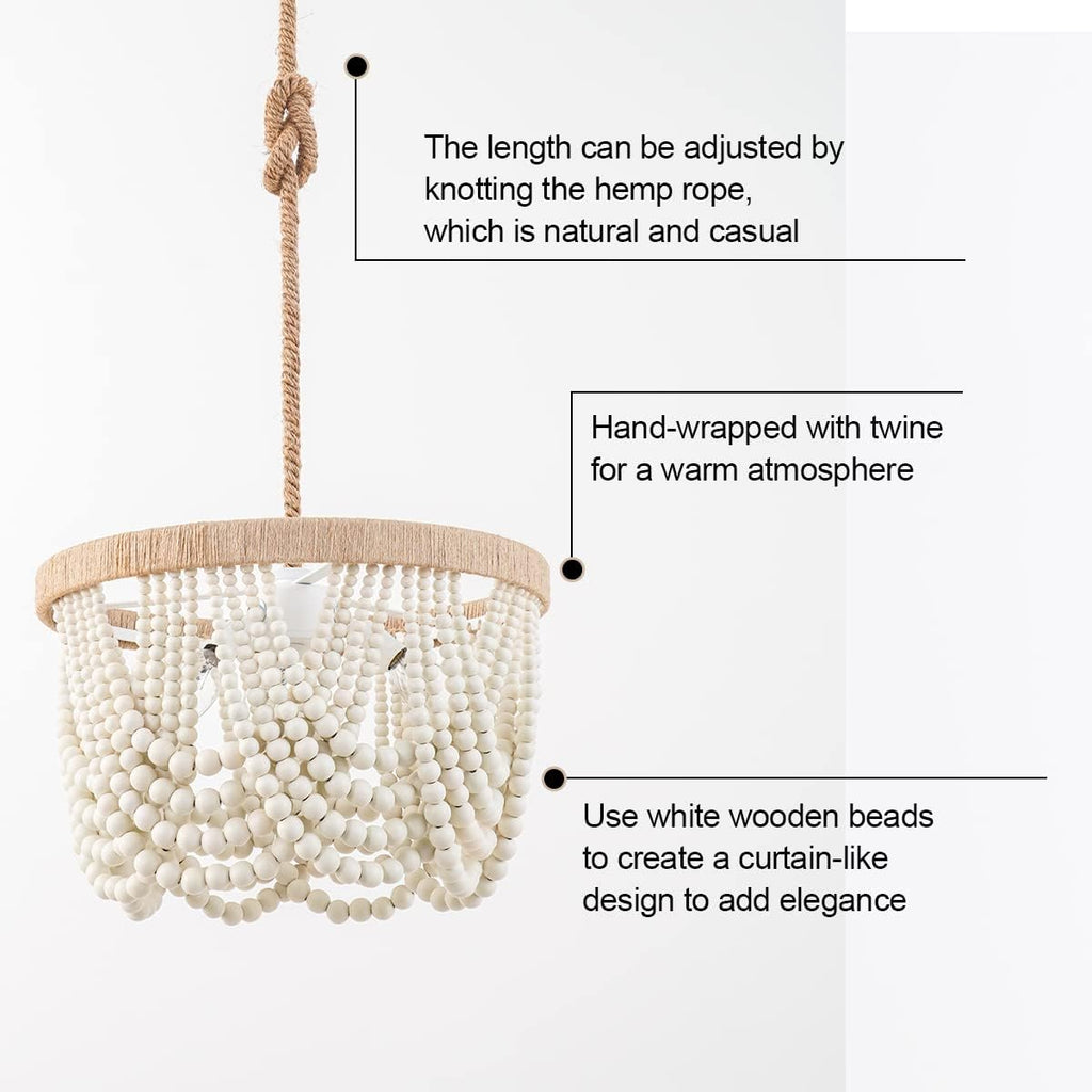 3-Light White Wood Beaded Chandelier