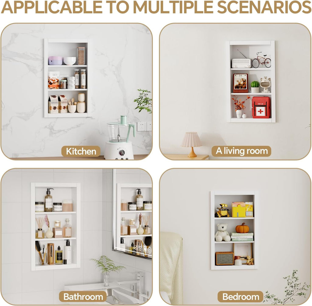 Recessed Bathroom Niche Wood 3-Tier White