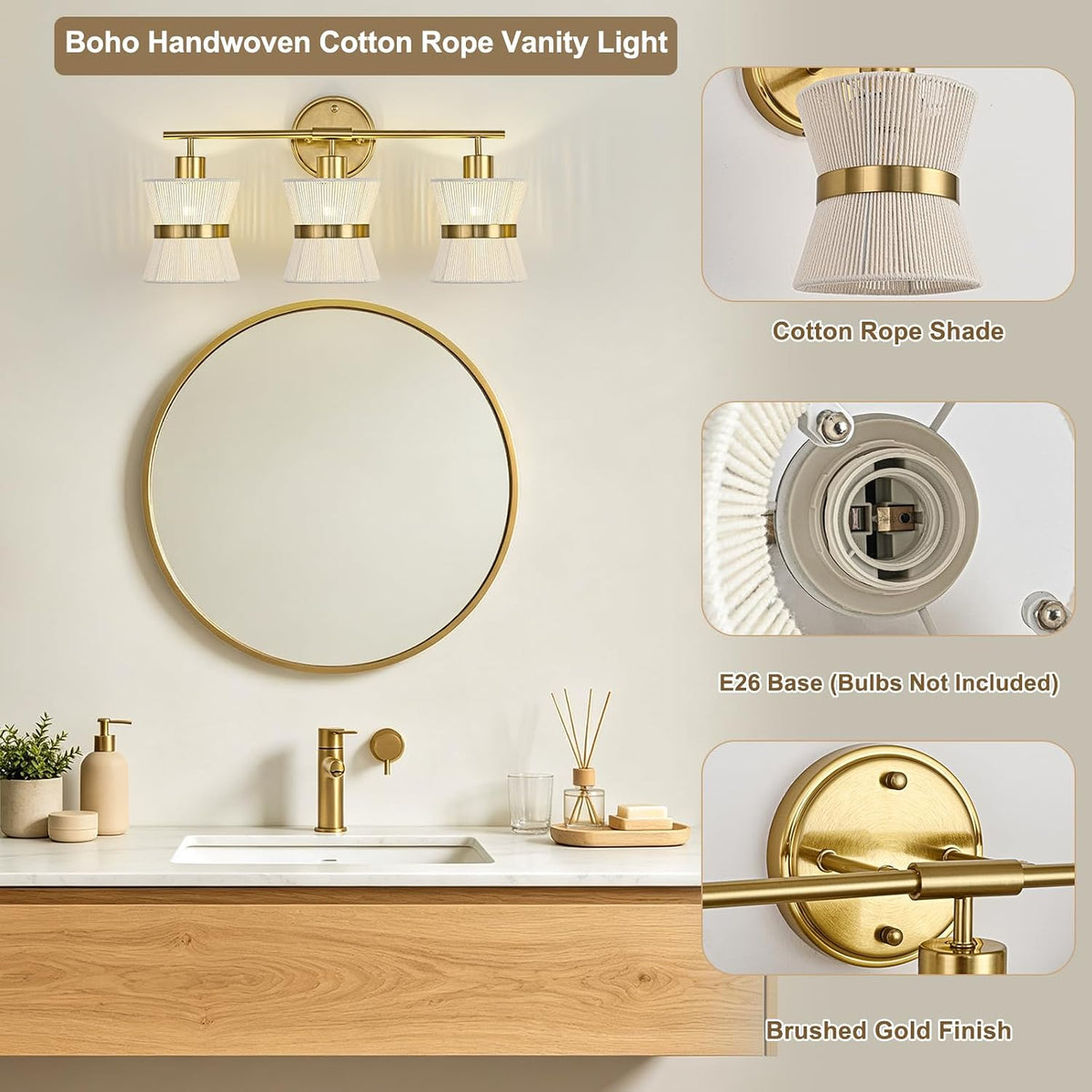 3-Light Boho Rope Shade Gold Vanity Light