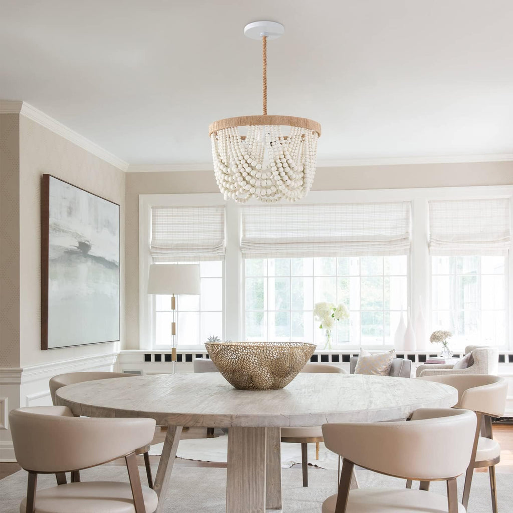 3-Light White Wood Beaded Chandelier