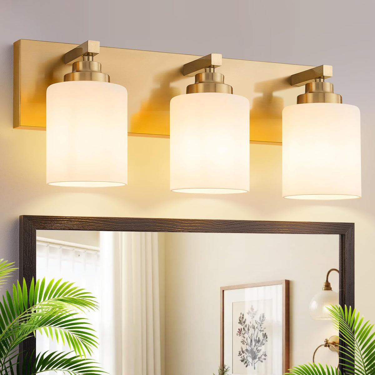 3-Light Brushed Gold Milky Glass Vanity Light