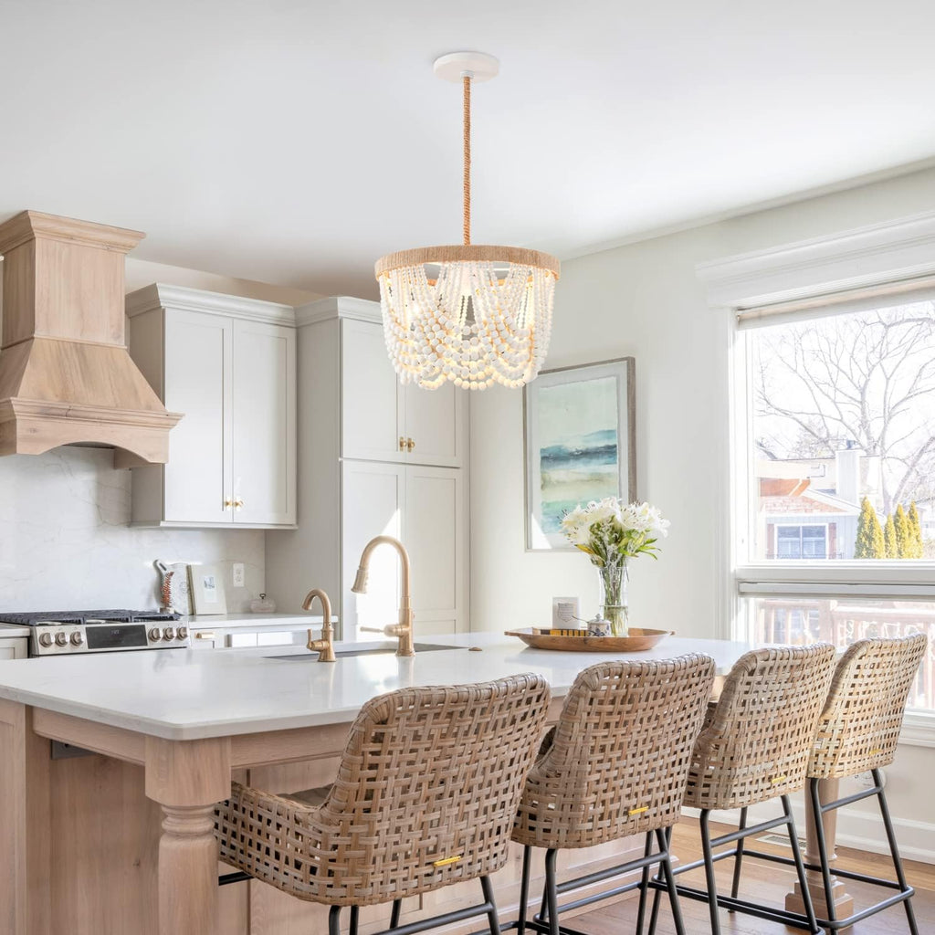 3-Light White Wood Beaded Chandelier