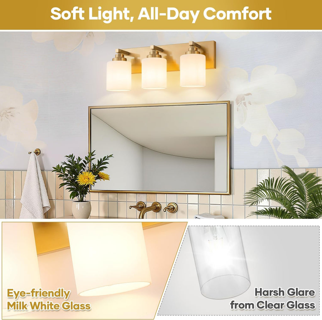 3-Light Brushed Gold Milky Glass Vanity Light