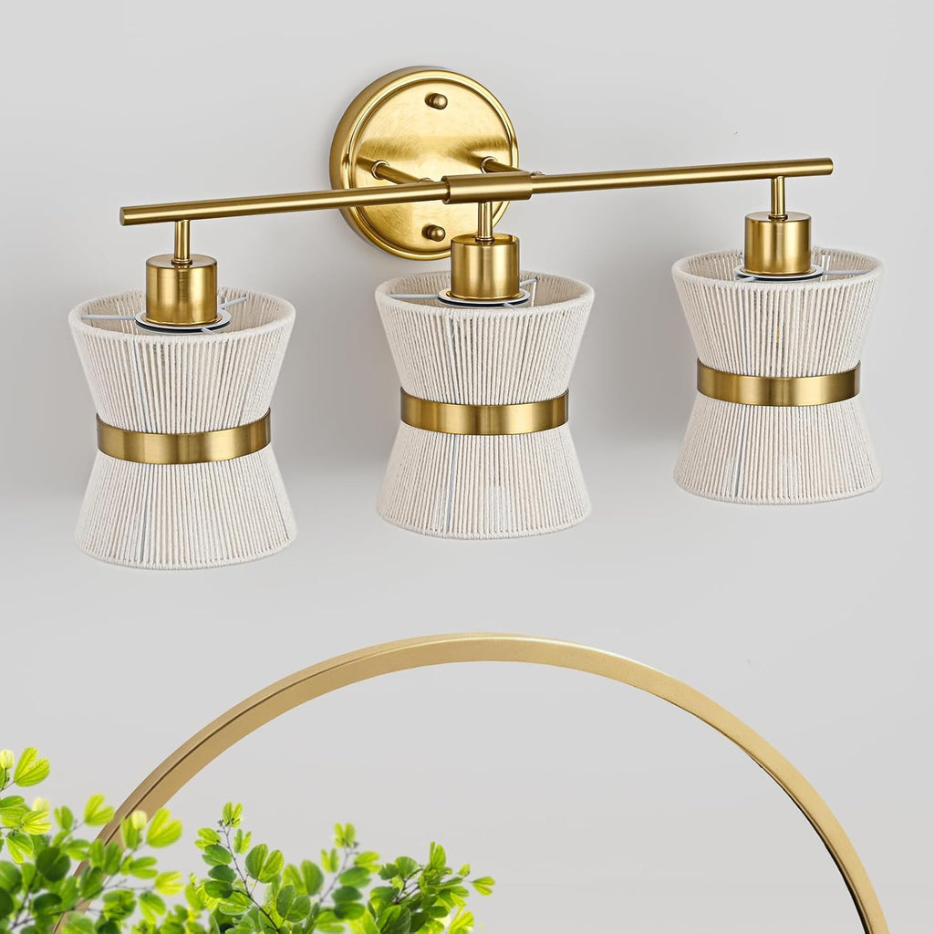 3-Light Boho Rope Shade Gold Vanity Light