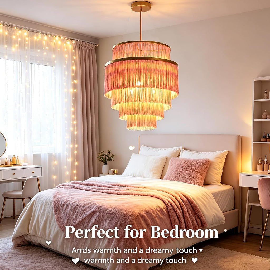 5-Tiered Pink Tassel Boho Chandelier