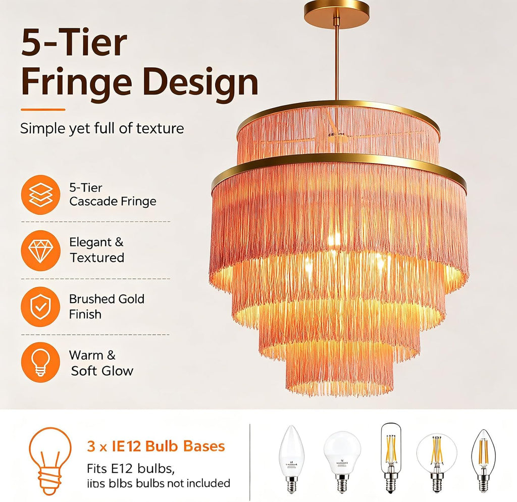 5-Tiered Pink Tassel Boho Chandelier