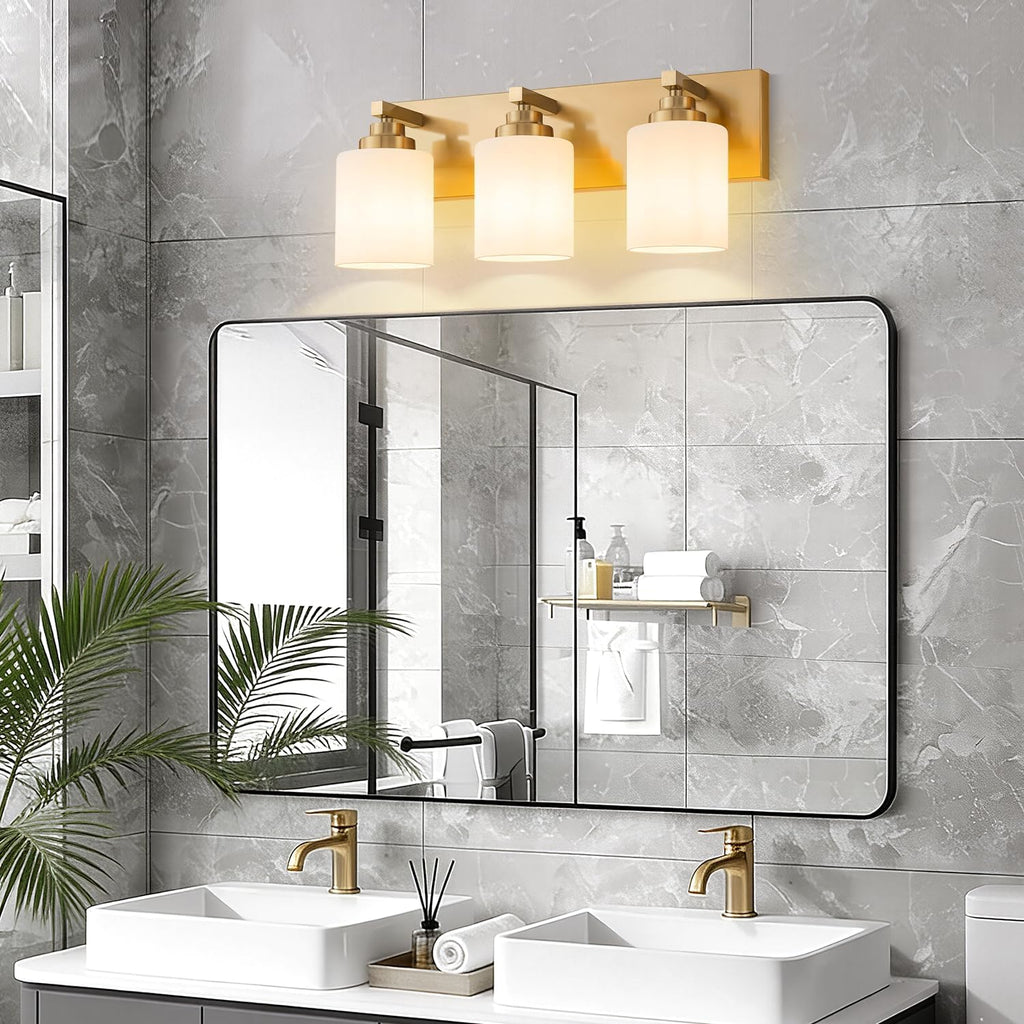 3-Light Brushed Gold Milky Glass Vanity Light