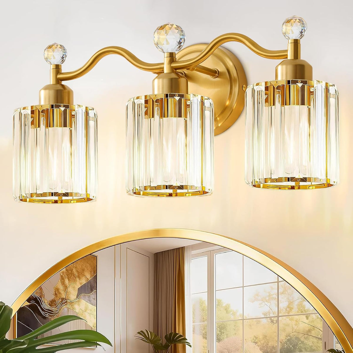 3-Light Brushed Gold Crystal Vanity Light