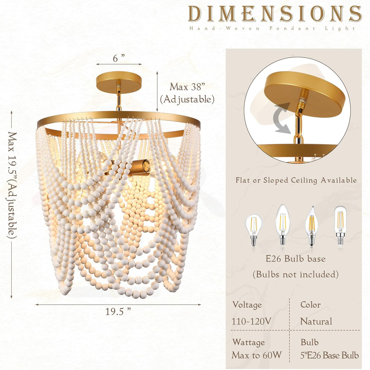 5-Light Gold Oak Wood Beaded Chandelier