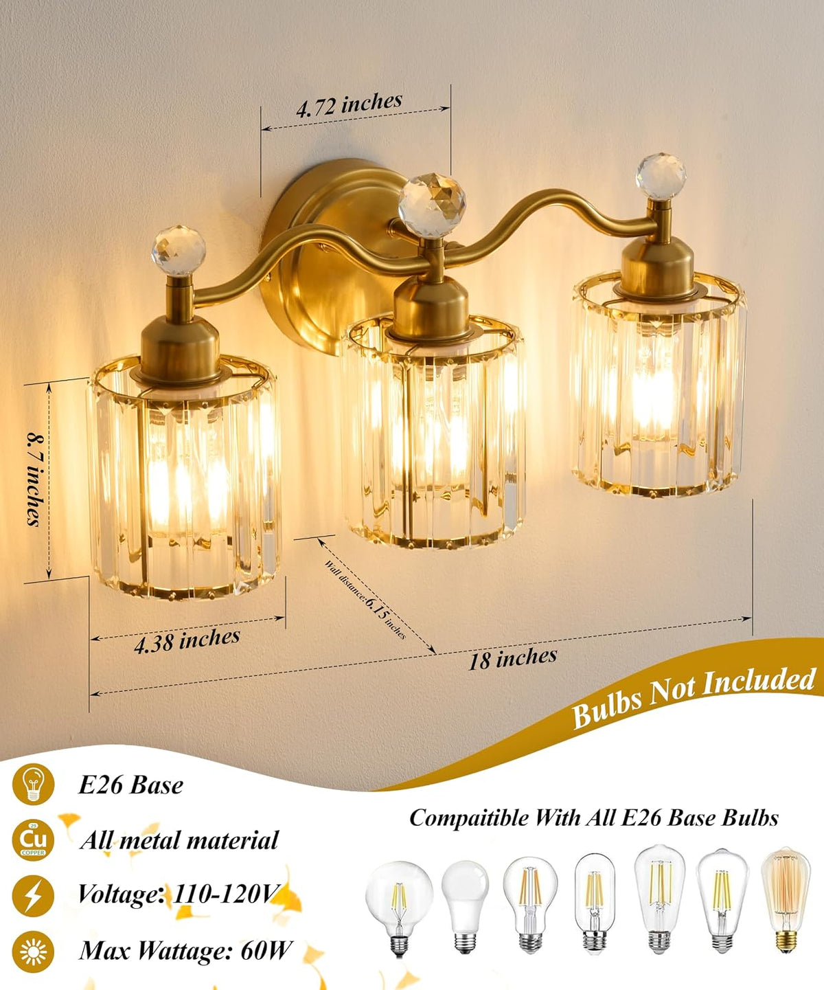 3-Light Brushed Gold Crystal Vanity Light