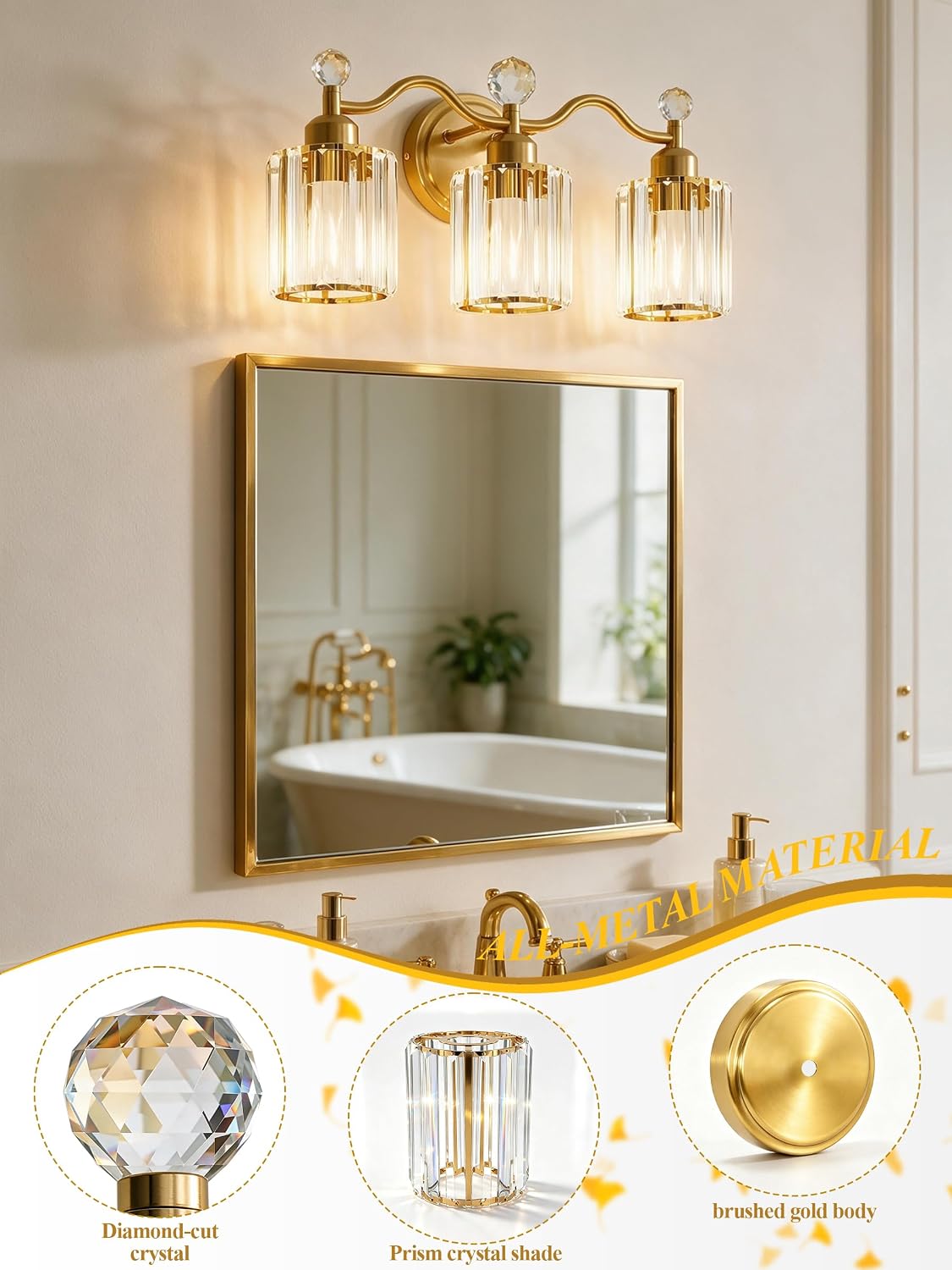 3-Light Brushed Gold Crystal Vanity Light